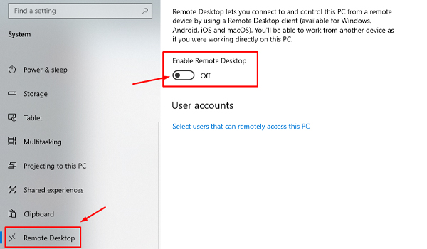 Sử dụng cài đặt (Settings) để bật Remote Desktop