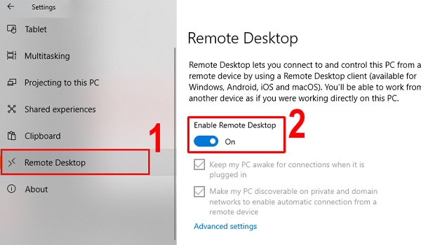 Chuyển thanh công tắc "Enable Remote Desktop" sang vị trí "On"