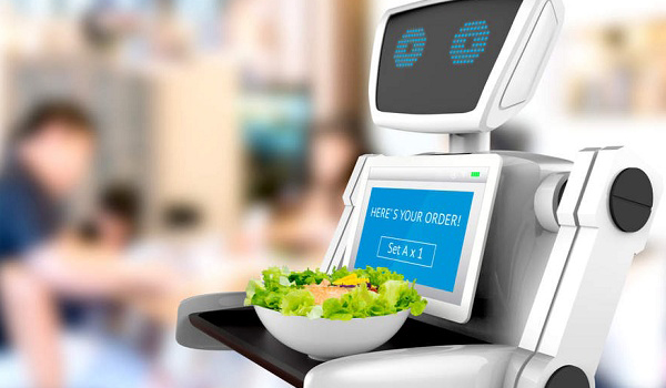 Robot nhận thông tin từ hệ thống đặt món/nhân viên quản lý qua màn hình điều khiển