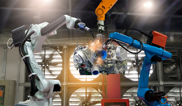 Robot công nghiệp được lập trình sẵn để thực hiện một hoặc nhiều công việc trong dây chuyền sản xuất