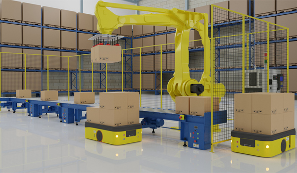 Cánh tay robot công nghiệp thực hiện các chuyển động gắp & di chuyển hàng hoá