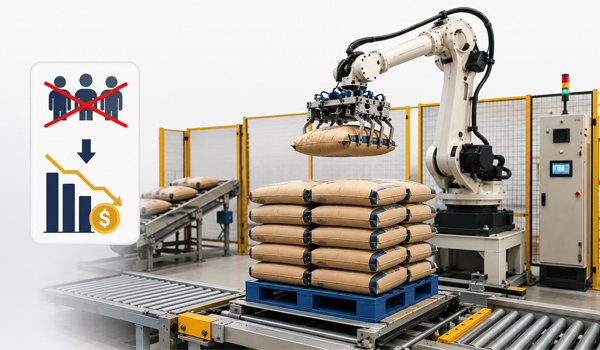 Ứng dụng hệ thống robot gắp bao, bốc xếp lên pallet tự động giúp giảm chi phí nhân công