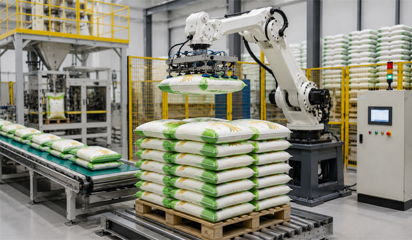 Ứng dụng hệ thống robot gắp bao, bốc xếp lên pallet trong ngành sản xuất gạo