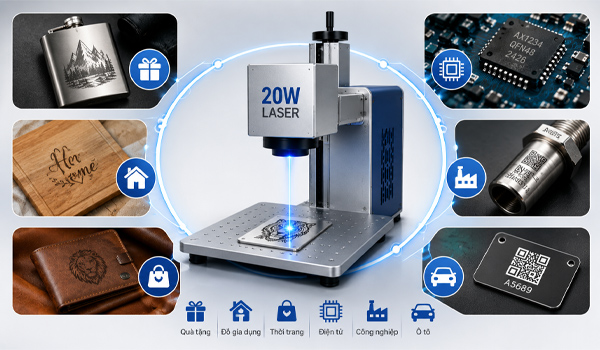 Máy khắc laser 20W sử dụng tia laser công suất 20W để khắc/đánh dấu trên bề mặt vật liệu