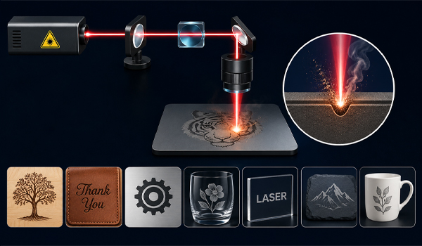 Máy khắc laser hoạt động bằng cách phát ra chùm tia laser hội tụ với mật độ năng lượng cao