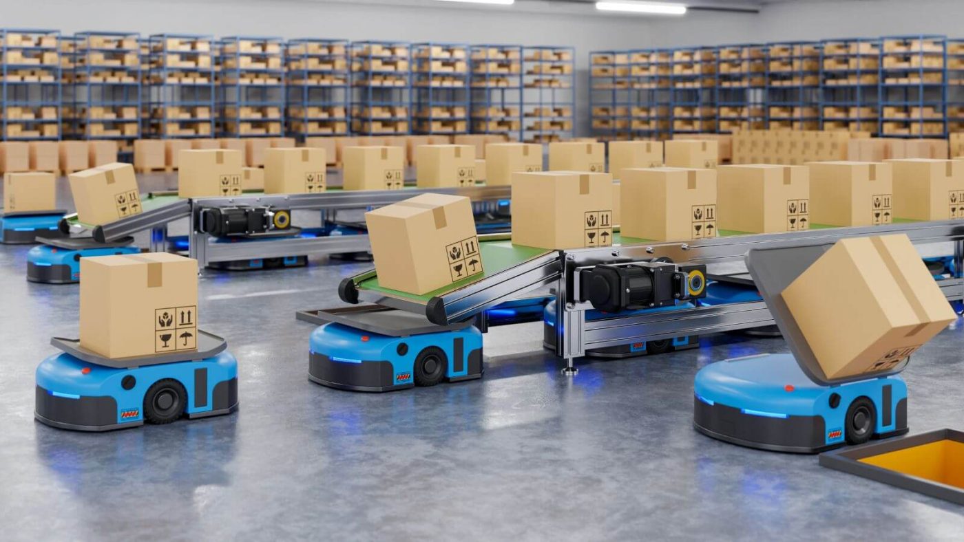Robot kéo hàng vận chuyển trong nhà máy hiện đại