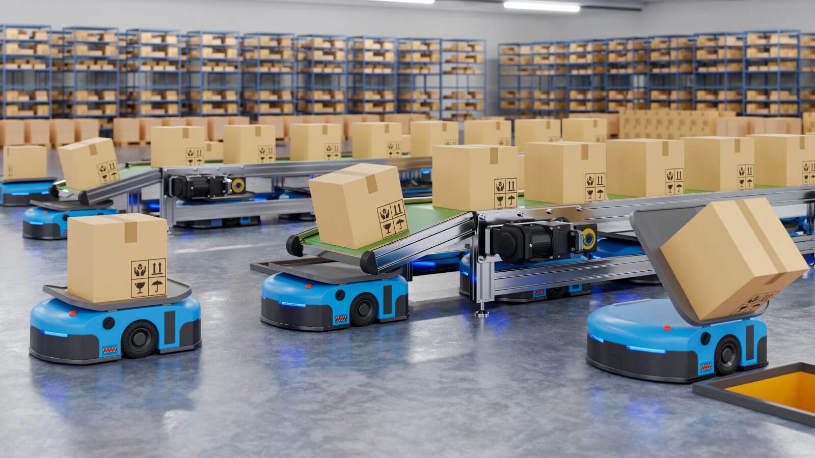 Robot kéo hàng vận chuyển trong nhà máy hiện đại