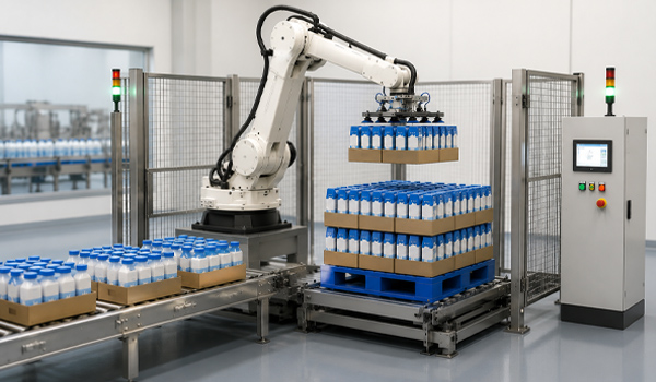 Trạm robot bốc xếp hàng lên pallet trong ngành thực phẩm - đồ uống