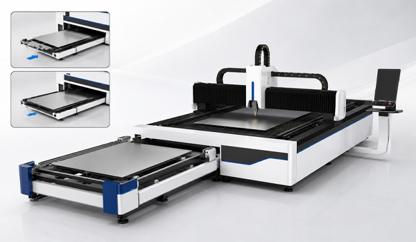 Máy cắt laser fiber bàn trao đổi được trang bị 2 bàn làm việc hoạt động luân phiên
