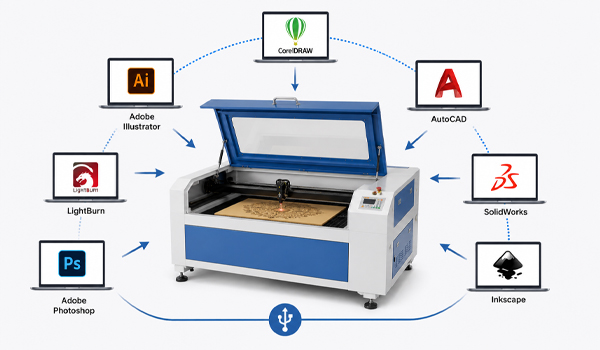 Máy khắc laser nguồn CO2 có thể kết nối với nhiều phần mềm thiết kế