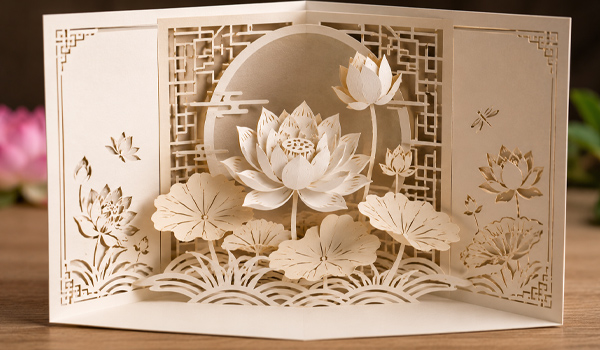 Mẫu thiệp cưới hoa sen 3D được nhiều cặp đôi yêu thích