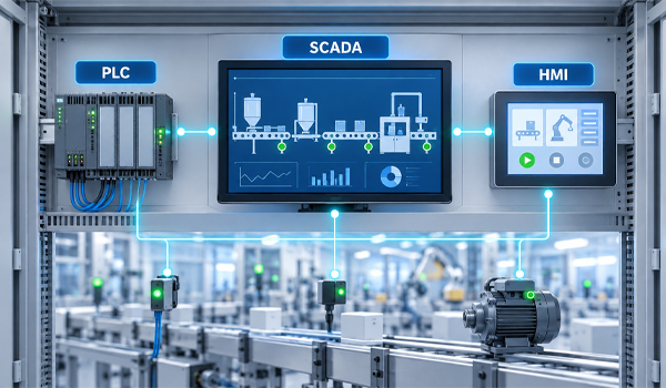 Tầng điều khiển bao gồm PLC, SCADA, HMI